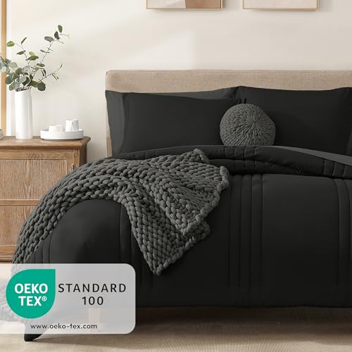 Image of Oversized King Size Comforter Set-7 Pieces Bed in a Bag King Bedding Sets | Monbix All-Season Vertical Quilted Comforter with Sheets, Pillow Shams & Pillowcases, Black
