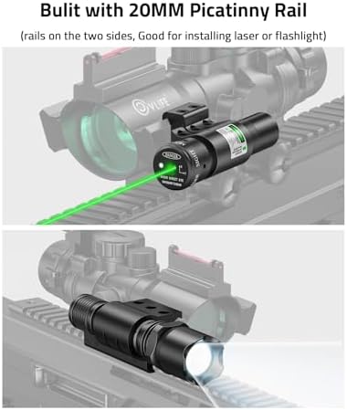 CVLIFE 4x32 Prism Scope with Illuminated Red, Green & Blue Reticles, Fiber Optic Sight & IIIA/2MW Green Laser Sight - 4