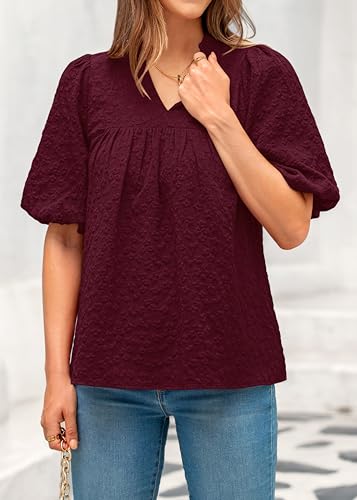 MASCOMODA Womens Summer Tops 2025 Ruffle V Neck Blouses Loose Puff Short Sleeve Jacquard Babydoll Tops Casual Dressy T-Shirts4