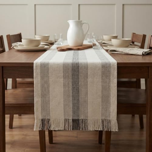 Camino de mesa bohemio a rayas de 72 pulgadas de largo con borlas de algodón natural, decoración de mesa rústica a rayas, marfil/gris