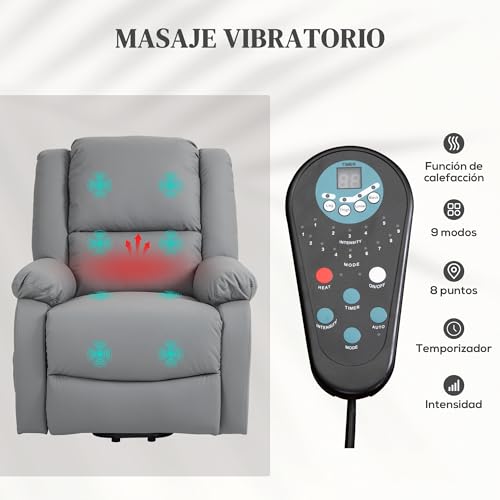 HOMCOM Sillón Relax Reclinable Eléctrico Levanta Personas Sillón Elevador con 8 Punto de Masaje Calor Lumbar 2 Controles Remotos Reposapiés Tela Resistente a los Arañazos y Bolsillo Lateral Gris - imagen 5