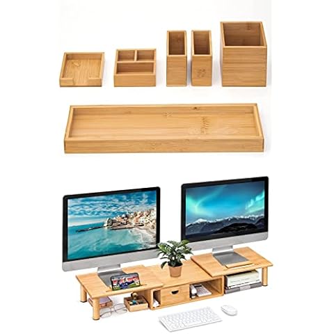 Bamboo Vanity Tray and Bamboo Dual Monitor Stand Riser Bundle, Natural Cover