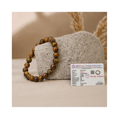 Image of VAMA Natural Tiger Eye Bracelet | Certificate of Authenticity | Confidence, Protector, Will Power | Tiger Eye Round Beads | Crystal Stone Bracelet for Men and Women