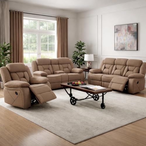 Image of Torque - Pawel Leatheratte Manual Recliner Sofa 3+2+1 Seater-Beige | Adjustable 6 Seater Recliner with Cup Holder Storage for Living Room Bedroom | 1 Year Warranty