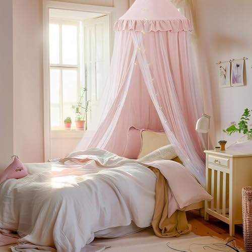 Mallify Moskitonetz Betthimmel mit Sternenlichtern, atmungsaktiv & waschbar Doppelte Lage Babybett Baldachin für Mädchen Prinzessin Kinderzimmer, 65 cm x 269 cm, Rosa