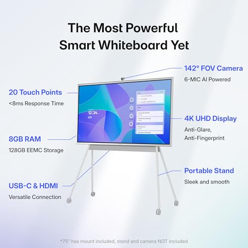 Image of Vibe (Board+Camera) S1 4K UHD Smart Board, 75 Inch Digital Whiteboard for Office and Classroom, Electronic Presentation Meeting Device for Hybrid Work, Interative Touchscreen Display, Chrome OS