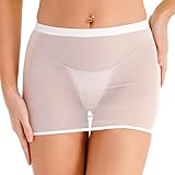  FEESHOW Mini Micro Jupe Transparente Femme Sexy Jupe Courte Bal Club Party Skirt Bodycon Elastique Lingerie Erotique Vêtement de Nuit Nightclub Clubwear Blanc L