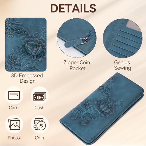 Image of Wallet Women Ultra Slim Thin Rfid 3D Embossed Vegan Leather Womens Wallet Clutch Long Ladies Wallet (05-Dark-Blue)