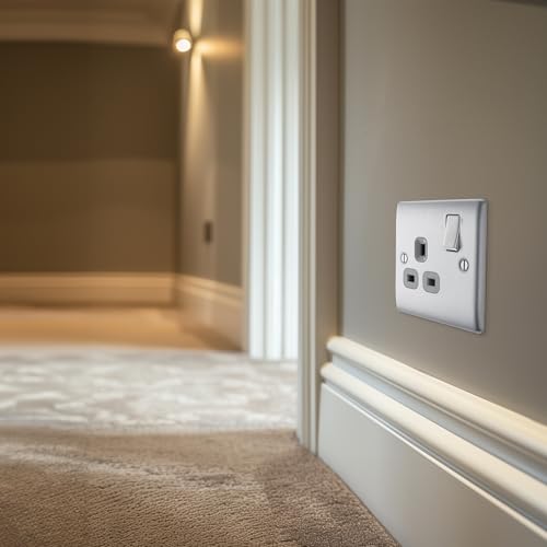 BG Electrical Single Switched Power Plug Wall Socket, Raised and Slim Profile, Round Edges, Nexus Metal, Brushed Steel, Grey Inserts, 13A, NBS21G