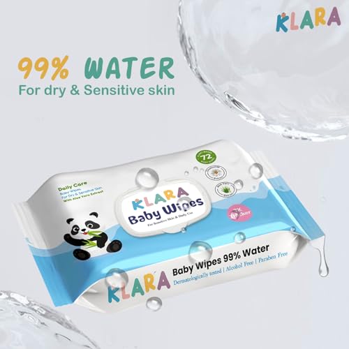 Image of Klara 99% Pure Water Baby Wipes | With Aloe Vera | Rash-Free & Paraben-Free | Pack of 6 (432 Wipes)
