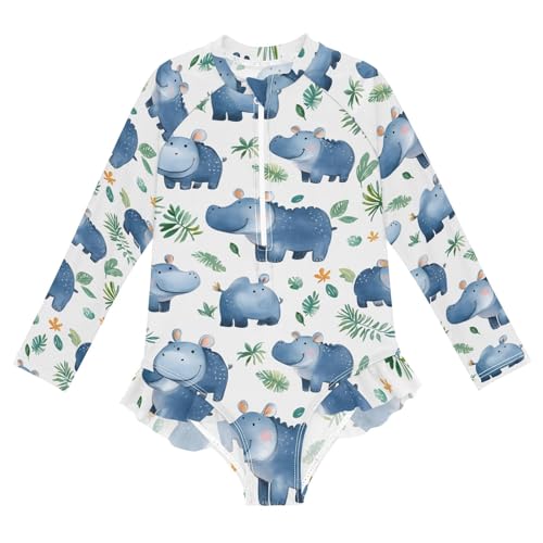 Cute Hippo Leaves Girls Long Sleeve Swimsuit Rash Guard One Piece Bathing Suits Zipper 3-12T