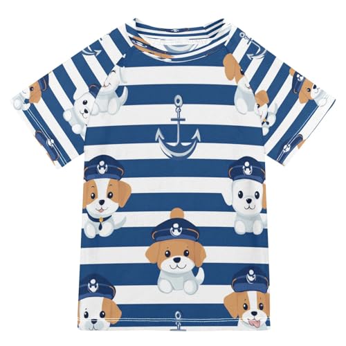 Boys Short Sleeve T-Shirts Cartoon Navy Dog Anchor Rashguard Kids Swim Shirts Sun UPF 50+