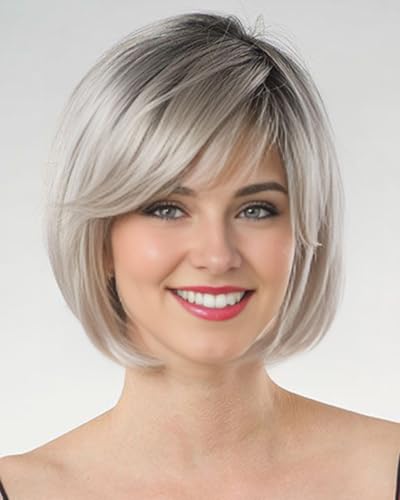 RENERSHOW Grey Bob Short Wigs for White Women Ombre Gray Bob Wig with Bangs Straight Bob Haircuts Heat Synthetic Wigs for Old Lady Average Size Wig