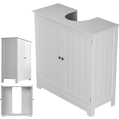 Under Sink Bathroom Storage Cabinet White Bathroom Storage Unit, Waterproof Bathroom Sink Cabinet, Undersink Storage Organiser Kitchen Bathroom Cabinets Free Standing, Double Doors, 60 x 30 x 60 cm