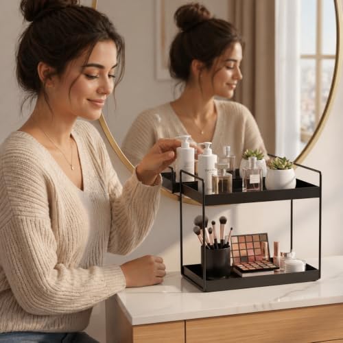 Image of Homeor 2-Tier Metal Countertop Organizer | Heavy Duty Standing Rack for Kitchen Spice Storage & Bathroom Vanity | Multi-Purpose Shelf For Kitchen, Cosmetic & Toiletry Display Shelf, Black
