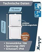 Kopp NAUTIC 2-fach Schutzkontakt-Steckdose mit Klappdeckel in Arktis-Weiß - Sichere Aufputz-Steckdose mit erhöhtem Berührungsschutz - Senkrechter IP44 Feuchtraumsteckdosen-Aufputz 16A / 250V~ – Ansicht 2