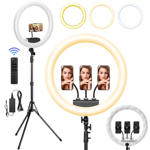Ring Light with Stand, 19in LED Selfie Circle Light, Max 8ft/2.5m Tripod Stand, 3 Holders for iPhone, Remote Control, 6300K Color Temperature for Live Streaming, Barber, Makeup, YouTube, Tiktok by SH - Used condition - US$43.19