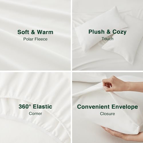 Love's cabin Fleece King Sheet Set - 4 Pcs White Super Soft Plush Polar Fleece Bed Sheets Set with 16" Deep Pocket,Cozy Warmth for Cold Season(1 Flat Sheet,1 Fitted Sheet,2 Pillow Cases) by Love's cabin - Used condition - Image 7