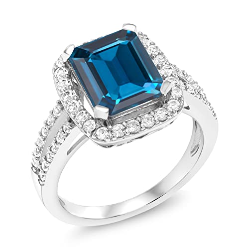 Gem Stone King 4.62 Cttw London Blue Topaz Ring | Emerald Cut 10X8MM Engagement Ring For Women | 925 Sterling Silver | Gemstone Birthstone | Available In Size 5, 6, 7, 8, 93