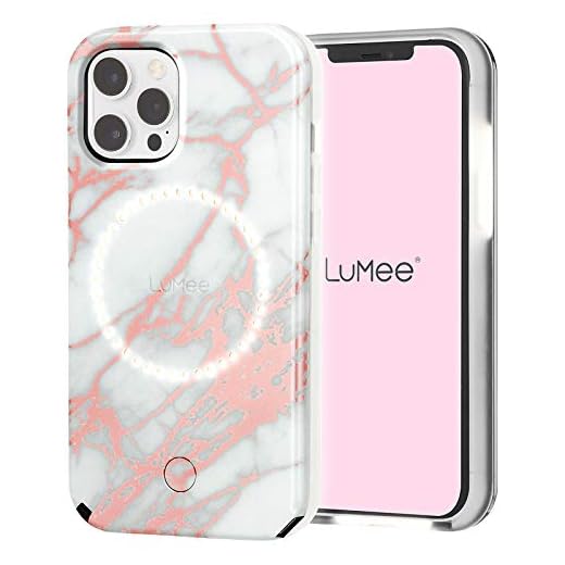 Case-Mate LuMee Halo Coque pour iPhone 12 et iPhone 12 Pro (5G) – Éclairage pour Selfie et arrière – 6,1" – Marbre Blanc et Or Rose…