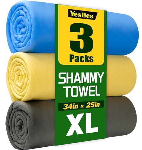 3 Pack Premium XL Shammy Cloth for Car Drying, 34”x25” Chamois Towel for Car, Super Absorbent Shammy Towel for Car, Reusable Soft Car Drying Towels