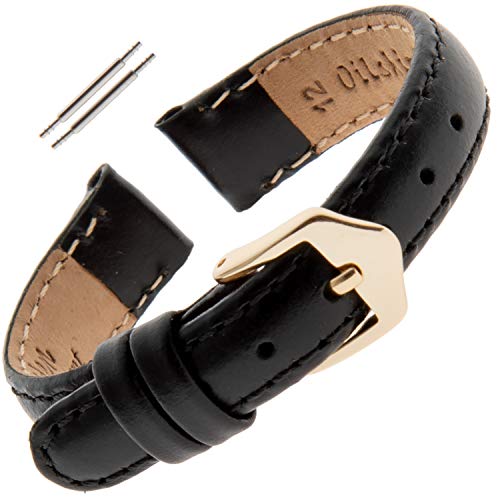 Gilden 10-14mm Water-Resistant Oilskin Leather Ladies Watch Strap MSW63-0110-G (10mm, Standard, Black, Gold-Tone Buckle)
