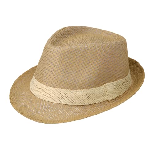 Image of Short Brim Straw Fedora Hat Sun Protection Panama Hat Packable Jazz Beach Cap Roll Up Trilby Cap for Men Women