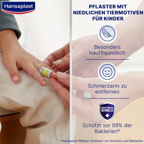 Hansaplast Universal Kinderpflaster (100 Strips), Wundpflaster mit niedlichen Tiermotiven zum Aufmuntern, schmerzlos zu entfernende Pflaster