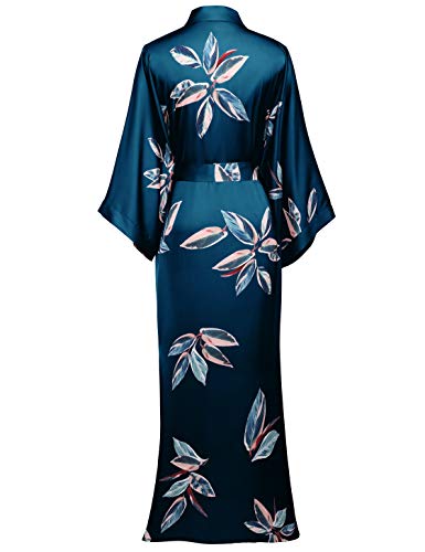 PRODESIGN-Kimono-Robe-de-Nuit-Femme-Longue-Robe-de-Chambre-Motif-Feuille-Kimono-Peignoir-Long-en-Satin-Longueur-53135cm-Vert-fonce