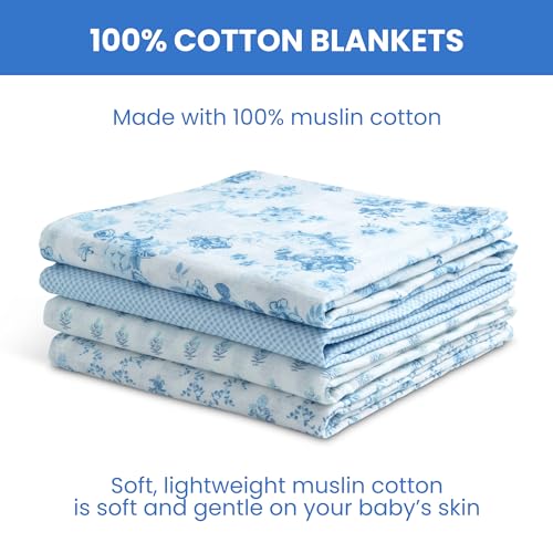 Image of Delta Children 100% Cotton Muslin Baby Receiving Blankets for Girls and Boys - 47x47 Inches (Pack of 4), Blue Botanicals