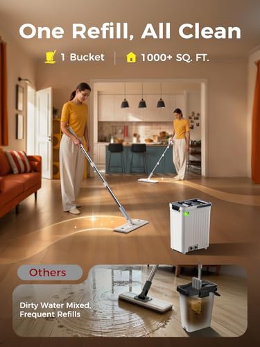 Mop and Bucket Set | Auto-Spray Cleaning | Dirty Water Separation Keep Water Fresh | Flat Mop & Bucket with Scraper | 3X Washable Pads | Mops for Floor Cleaning All Floors Tile Wall Window - Image 5