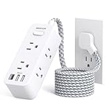 Flat Plug Power Strip, BESHON Flat Extension Cord, 5ft Ultra Thin Flat Plug Extension Cord - 6 AC with 3 USB Ports(1 USB C), Wall Mount, 3-Side Power Strip Surge Protector for Dorm Room Essentials