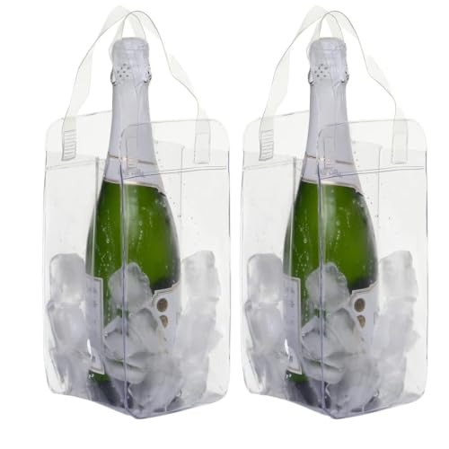 Kit com 02 Sacolas Para Bebidas Com Alça Resistente Coloque Gelo Pvc Transparente Armazena 1 Garrafa