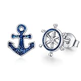 Anchor & Rudder Stud Earrings 925 Sterling Silver Hypoallergenic Ocean Earrings Nautical Jewelry Gif