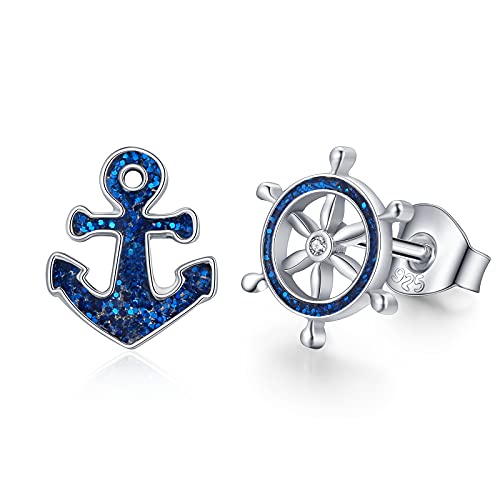 Anchor & Rudder Stud Earrings 925 Sterling Silver Hypoallergenic Ocean Earrings Nautical Jewelry Gifts For Women Girls #TOP3