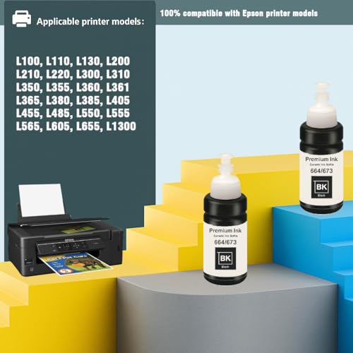Image of KOSH T664 Refill Ink Compatible for Epson L130, L310, L361, L380, L405, L565, L365, L485, L220, L360, L130, L130 and L380 Printers (2, Black Pack of 2)