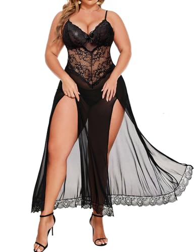 Plus Size Lingerie For Women Babydoll Sexy Mesh Maxi Nightdress Exotic Sleepwear Side Slits