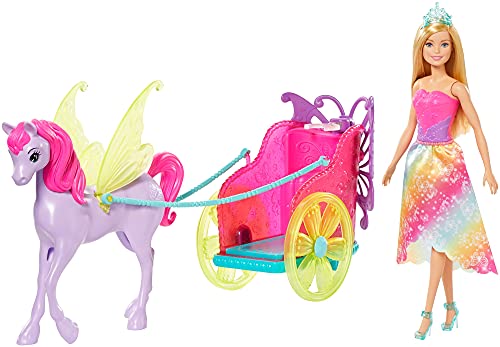 Barbie Dreamtopia Coffret poupée princesse blonde et sa calèche 2-en-1 tirée par un pégase, jouet pour enfant, GJK53