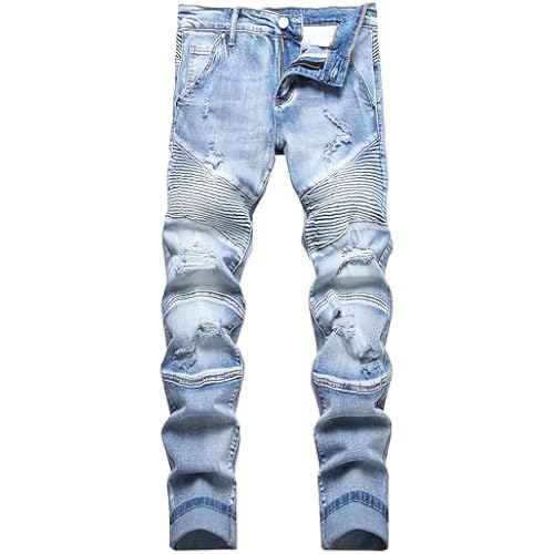 XIMXIMMTIAN Men's Biker Moto Washed Distressed Slim Fit Straight Jeans Denim