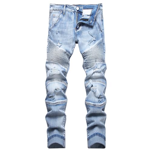 XIMXIMMTIAN Men Slim Fit Jeans Fashion Biker Jeans for Men Stretch Designer Distressed Straight Denim Pants (28, 262 Blue)