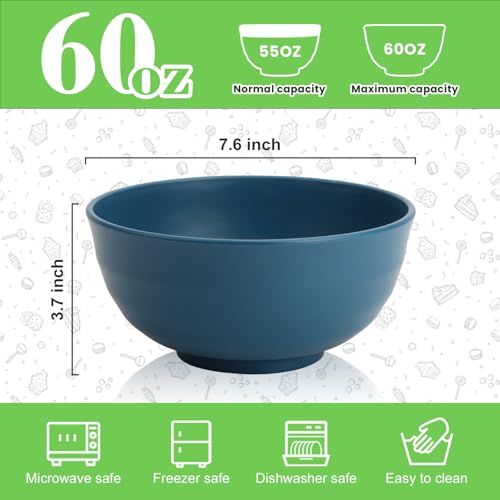 Image of Wheat Straw Bowls 60 OZ, Unbreakable Large Salad Bowl Set of 6, Microwave and Dishwasher Safe Big Bowls for Kitchen, Camping, Picnic, RV, Serving Bowl Set for Ramen, Cereal, Soup - Multi