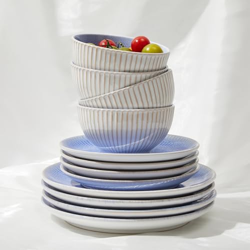 Image of Pokini Ceramic Dinnerware Sets, Handmade Reactive Glaze Plates and Bowls Sets, Highly Chip and Crack Resistant Dish Set, Distinctive Granulated Surface Dishwasher & Microwave Safe Service for 4