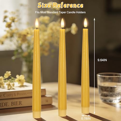 Image of Yellow Flameless Taper Candles with Remote, 9.6 Inches Real Wax Battery Operated Candles, 3 Pack Flickering LED Candlesticks, Tall Taper Fake Candles for Home, Wedding, Party