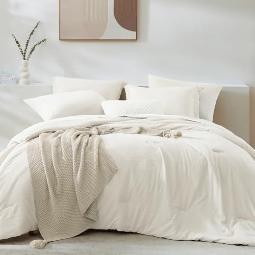 Image of Queen Comforter Set-7 Pieces Soft Prewashed Bed in a Bag Queen Bedding Sets | All Season Comforter with Sheets, Pillow Shams & Pillowcases, White