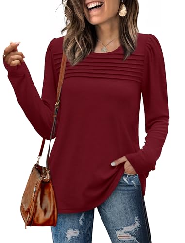 WIHOLL Long Sleeve Tops Sweatshirts for Women uk Ladies Blouses Pleated Jumpers Crew Neck Puff Sleeve Tunic Top Size 22-24 Rust red