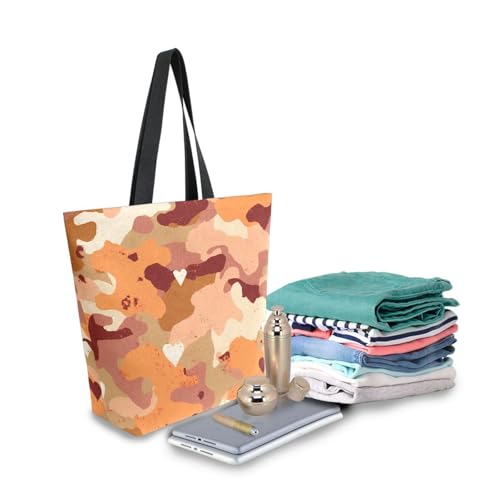 Extra Large Shoulder Tote Bag for Beach Travel Weekender Gym Coral Camouflage Heart Pattern Reusable Grocery Canvas Shopping Bag3