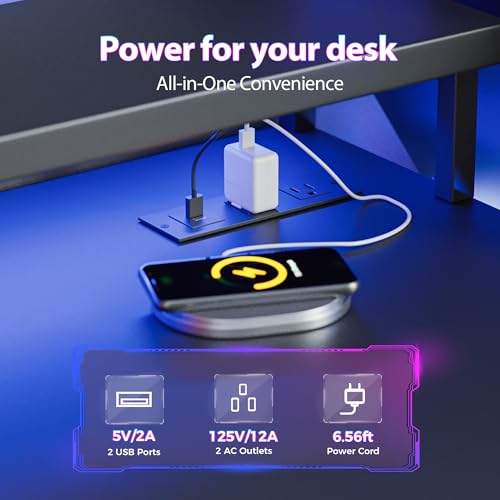 Image of Mericonia 60 inch Gaming Desk with Drawers, Reversible Computer Desk, Black | Gamer Desk with LED Lights, Power Outlets & Monitor Stand, Large Office Table for Home Bedroom Study Work Writing