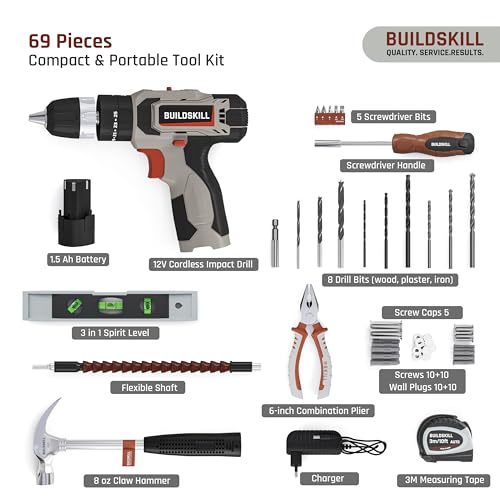 Image of BUILDSKILL 69 Pcs | 12V Cordless Drill Machine Tool Kit 10MM Keyless Chuck,Copper Armature, 3M Auto Measuring Tape, CRV Bits, TPR Screwdriver | Home Tools Box Kit with Drill Machine (6 Month Warranty)