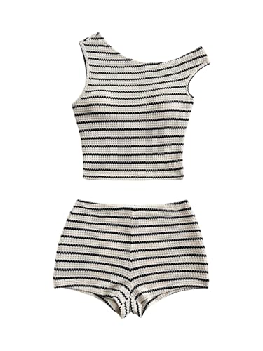 Verdusa Women's 2 Piece Striped Set Off Shoulder Tops and Shorts Summer Two Piece Going Out Beach Vacation Black and White Medium