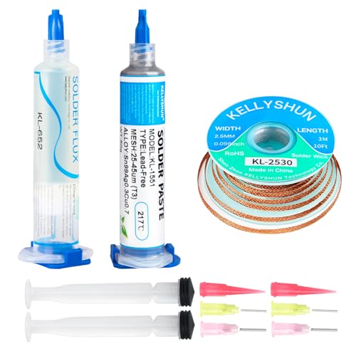 KELLYSHUN Flussmittel Löten,Lötpaste und Entlötlitze,No-Clean Lötflussmittel (1 Stück),Sn99%/Ag0.3%/Cu0.7% Lötpaste (1 Stück), 2.5MM/3M Entlötlitze (1 Stück),Für BAG,SMT,IC,PCB,Elektronik Löten